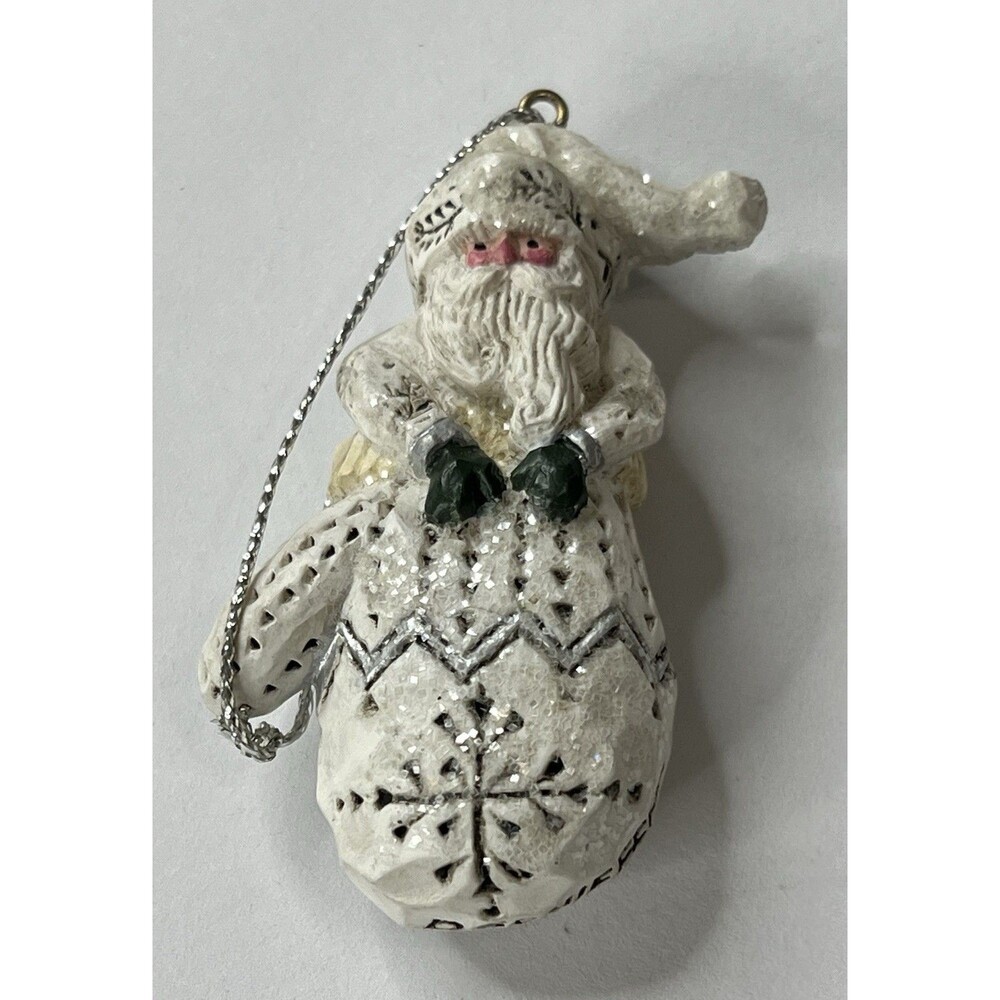 P SCHIFFERL Winter White Santa Folk Art Christmas Ornament Santa in Mitten
